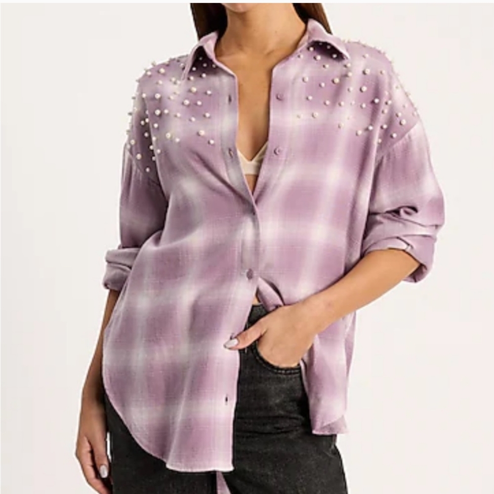 Express Pearl Embellished Boyfriend Portofino Shirt size Large Purple